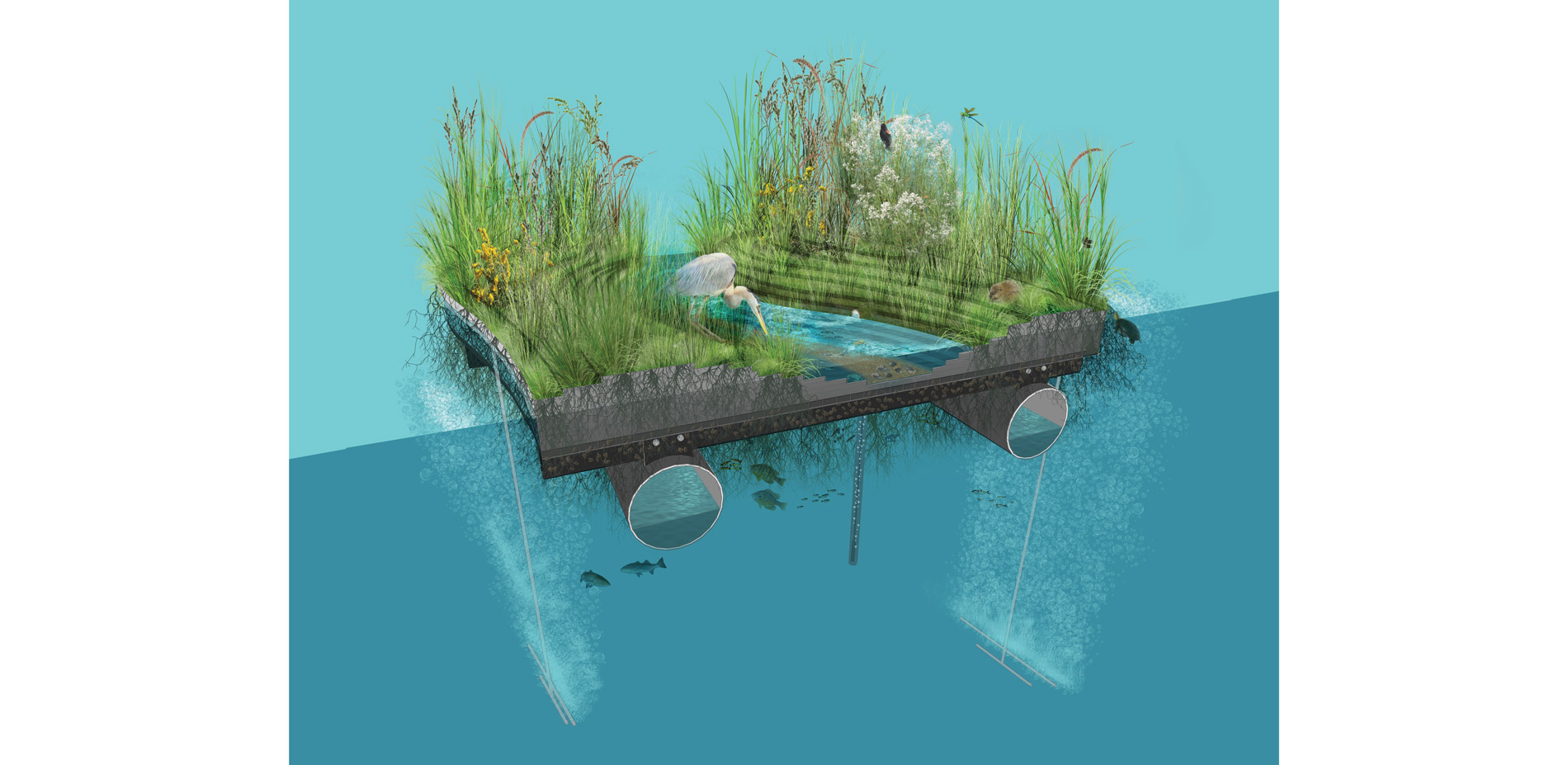 The floating wetland prototype combines the research of new technologies to test its sustainability, performance, and resiliency. Every square inch of…