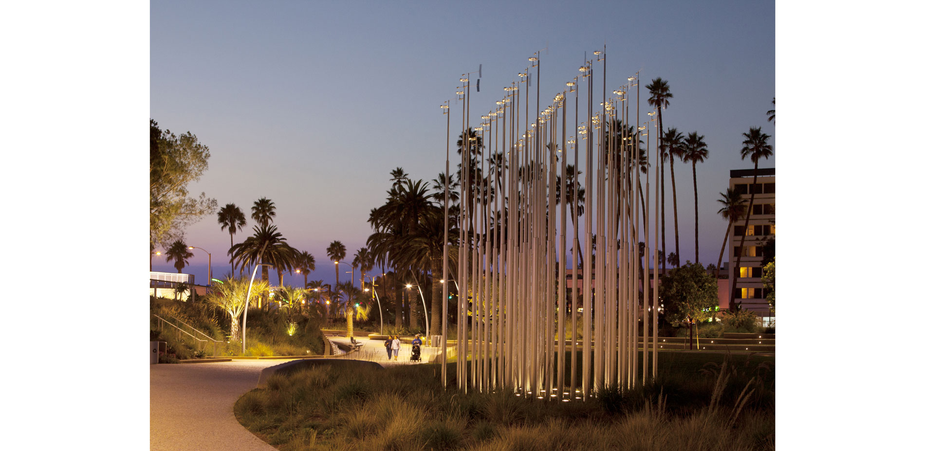 Artist Iñigo Manglano-Ovalle’s centrally situated “Weather Field”, is a grid of 49 telescoping stainless steel poles, each approximately twenty feet h…