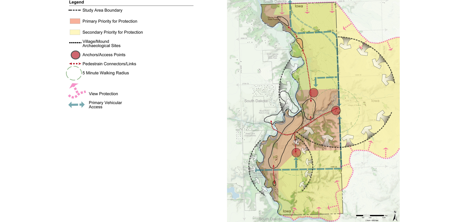 The diagram identifies zones of natural and cultural resource protection, as well as primary opportunities for program elements including visitor serv…