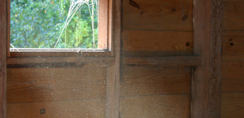 Sunbeam coming through a window of a wooden structure with dust particles visible in the air
