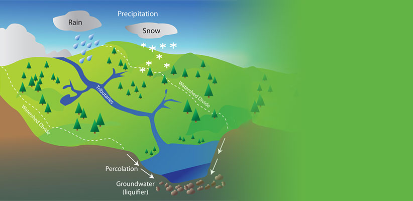 Illustration of the movement of water in a watershed including precipitation (rain and snow), tributaries, the watershed divide, percolation, and groundwater (liquefier)