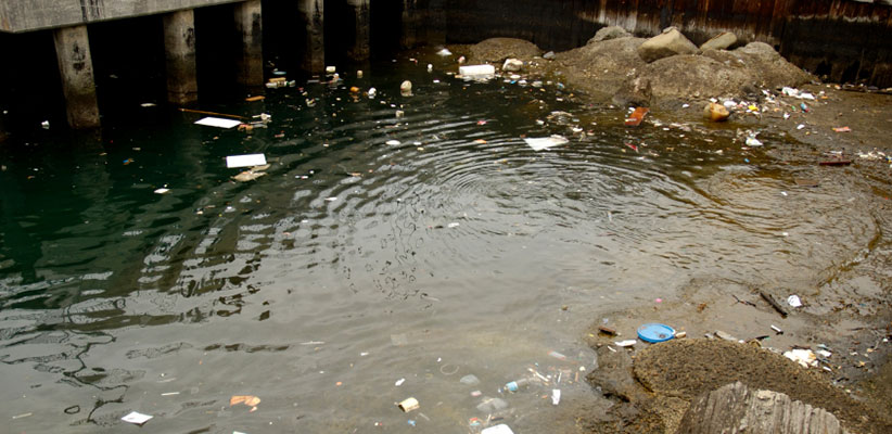 Polluted water with garbage visibly floating in it